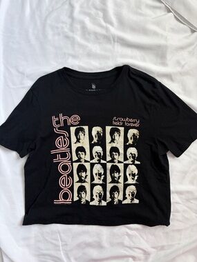 Junk Food Clothing Black Beatles Tee with Pink & Cream Print